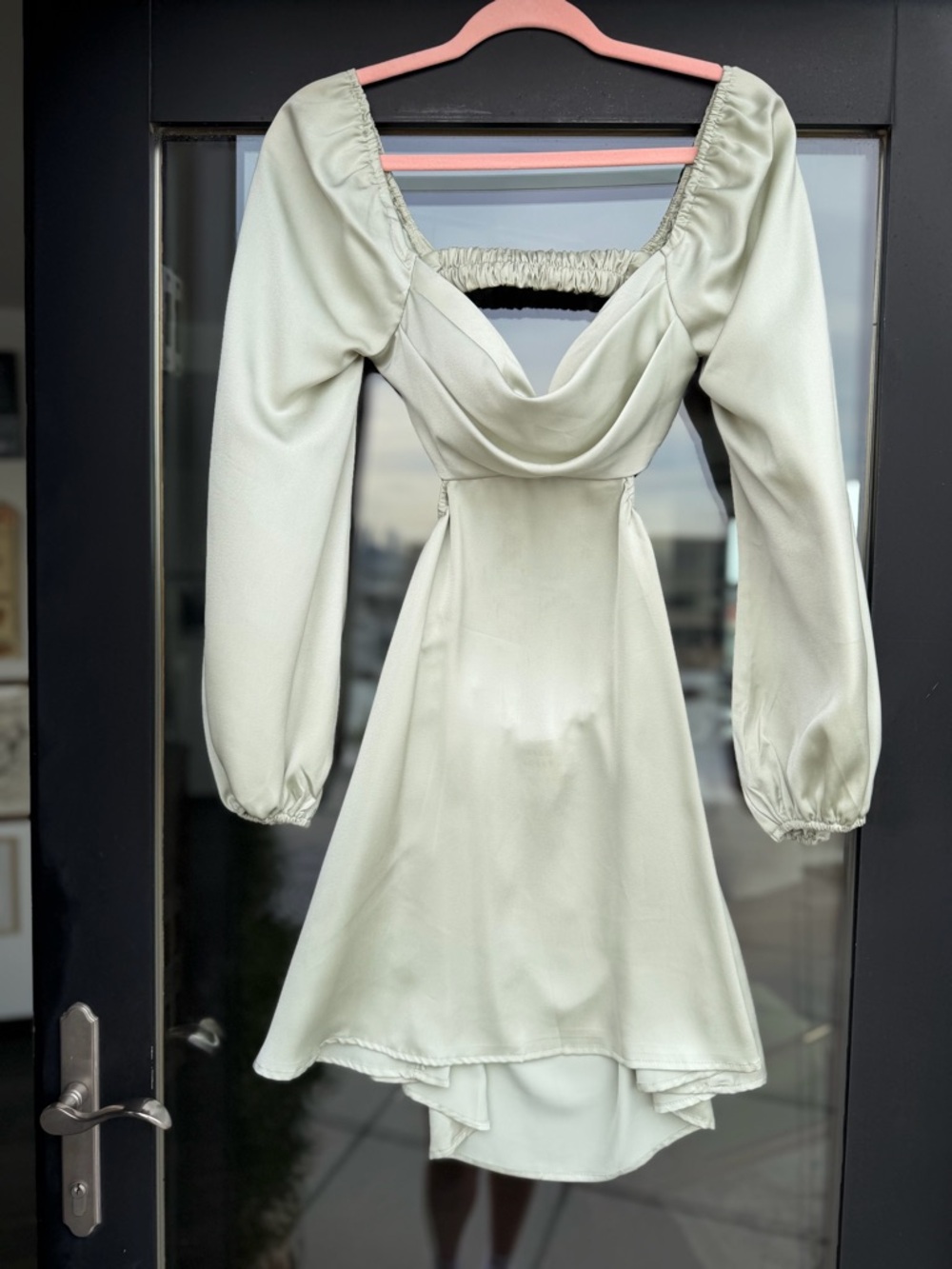 Satin Sage Puff-Sleeve Mini Dress